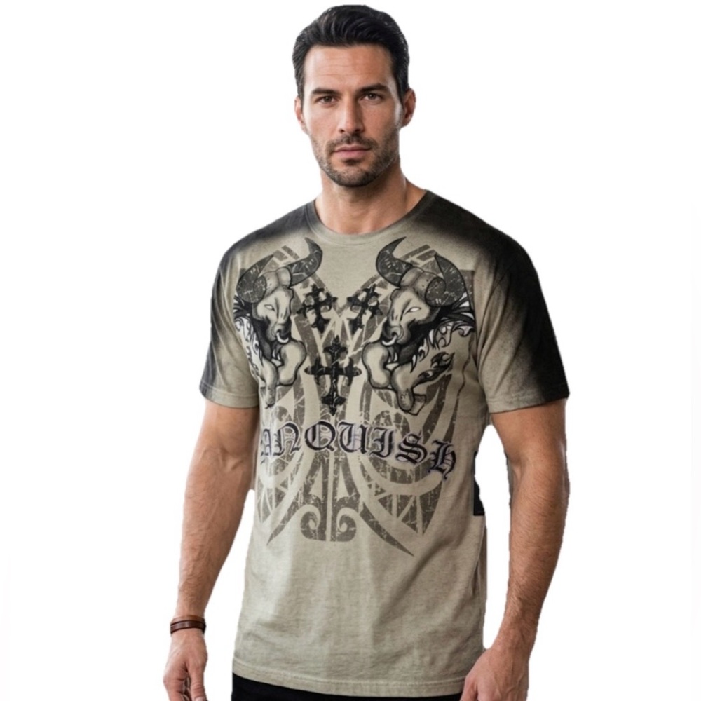 KONQUEST Men's Vanquish Double Bull Print T-Shirt Grey Size XXL